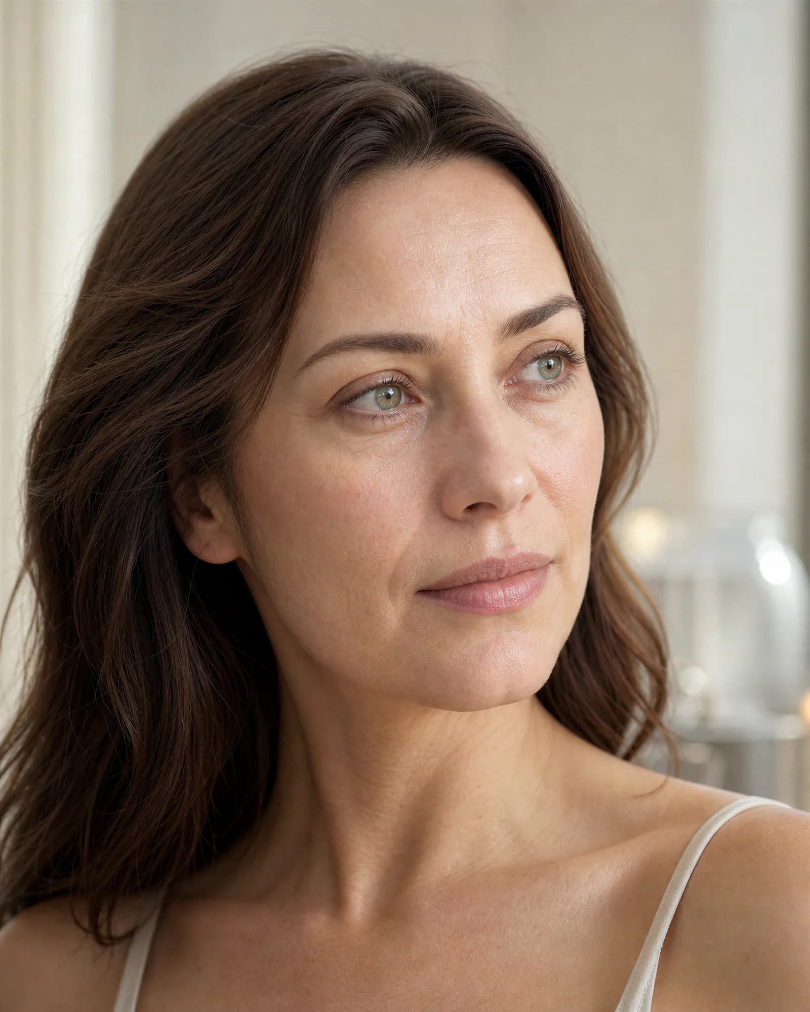 Retrato de una mujer con piel natural y mirada luminosa