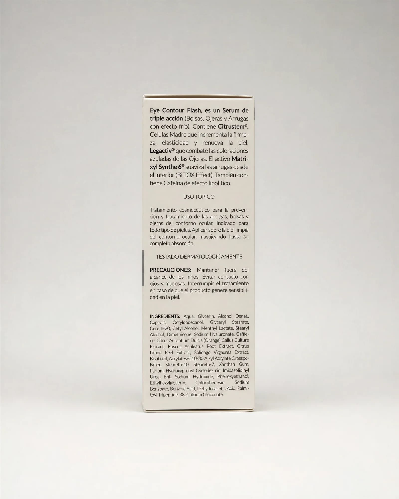 Información real del reverso del estuche