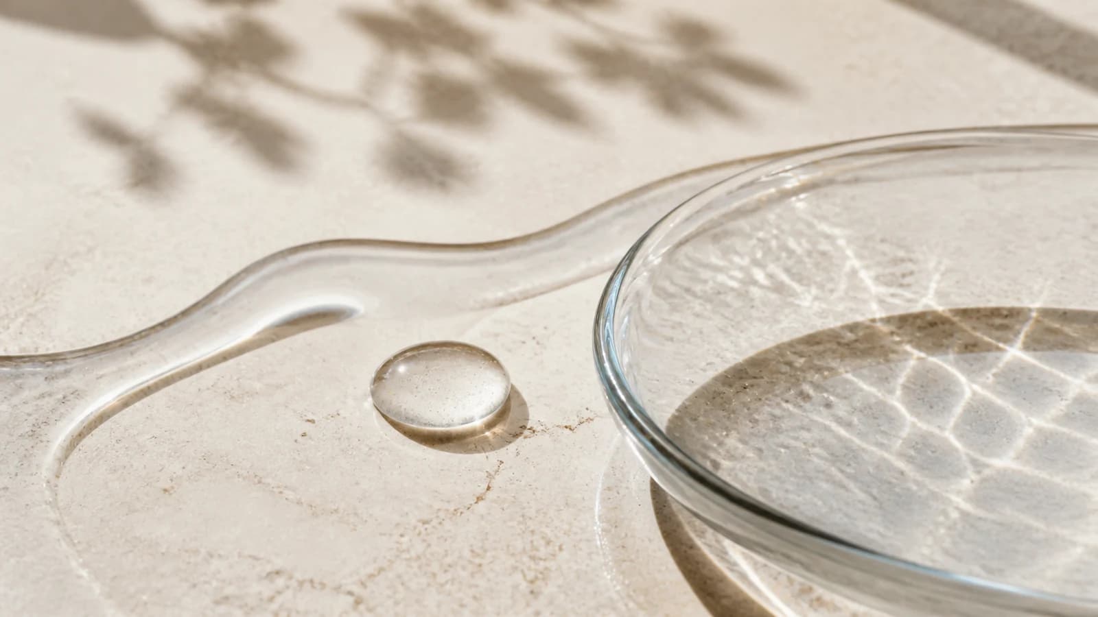 Composición editorial de agua, vidrio transparente y piedra clara que representa la hidratación de la piel